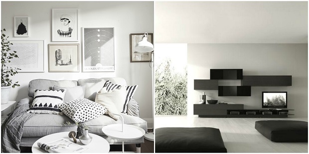 Слева на фото комната в скандинавском стиле, справа – минимализм